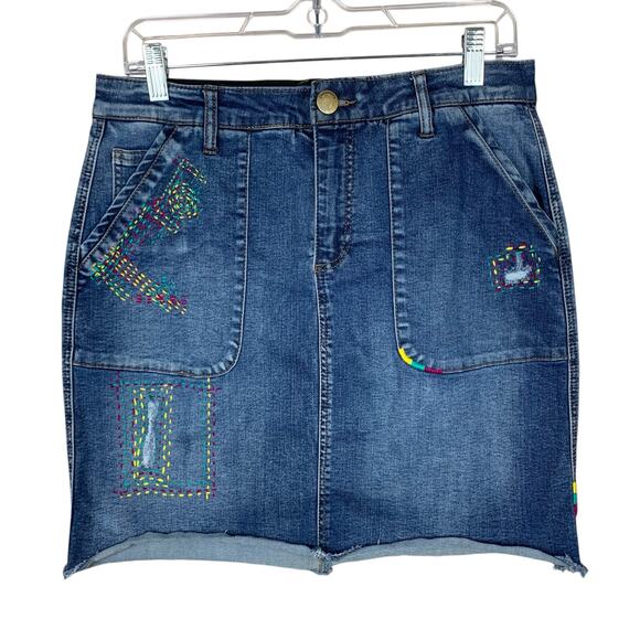 Democracy Ab Solution Jean Skirt Embroidered Blue Denim Stretchy Short Women's 8 - Picture 1 of 7